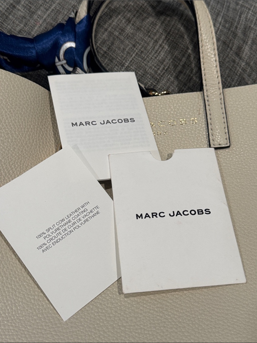 Marc Jacobs Bag Mini Grind Cream Leather Tote Crossbody with Navy Scarf - Picture 15 of 17